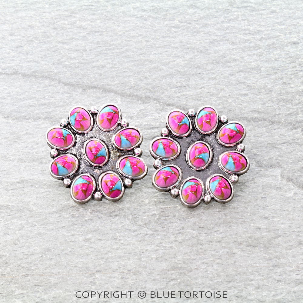 Western Concho Stone Stud Earrings
