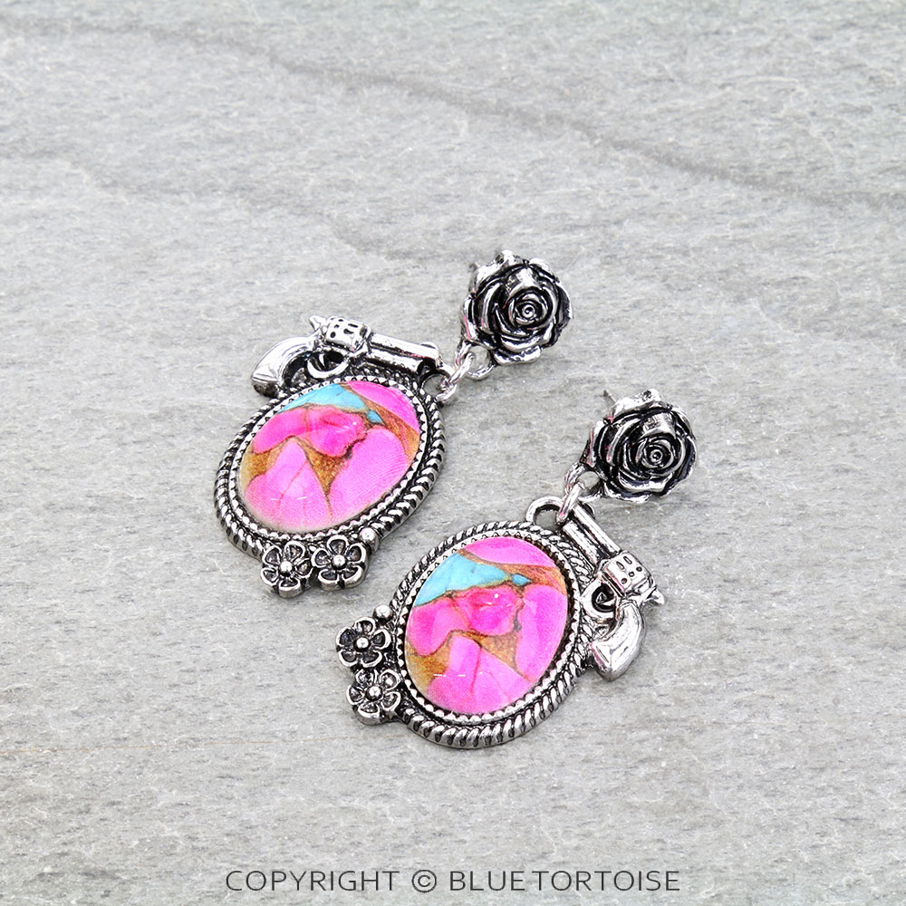 Western Rose & Gun Stone Stud Earrings