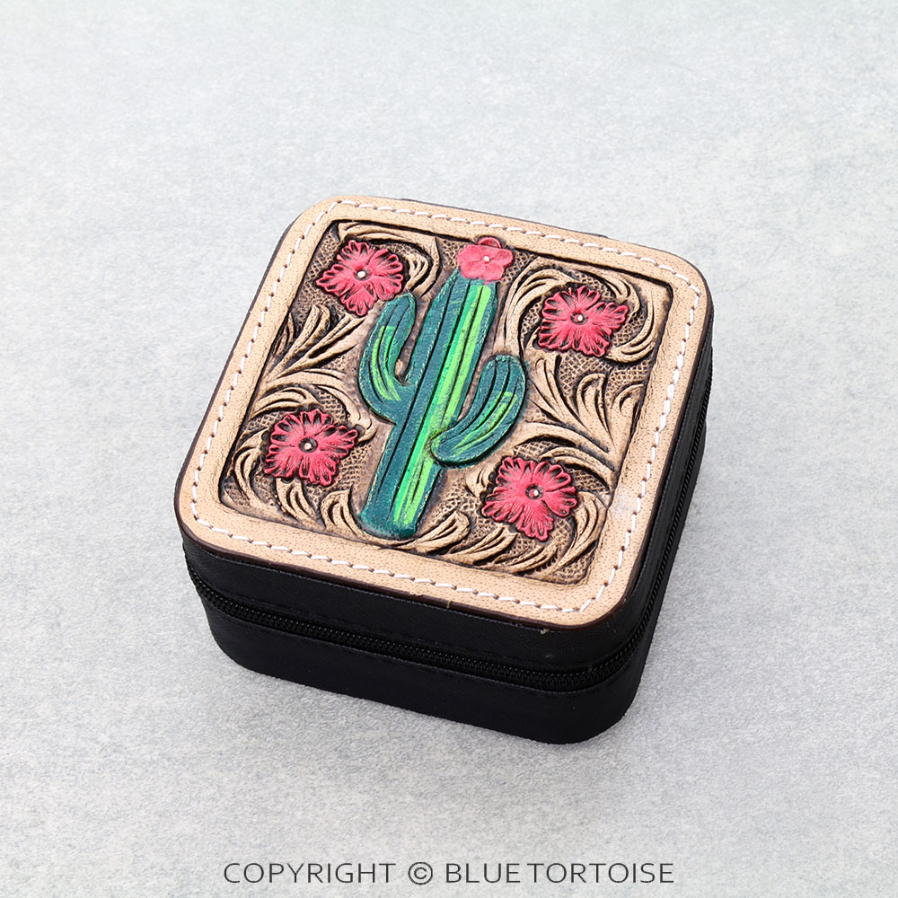 Western Tooled Leather Jewelry Box - Cactus