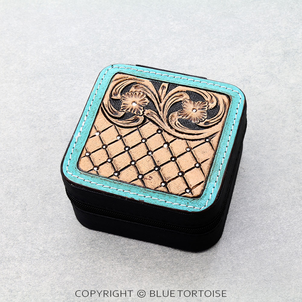 Western Tooled Leather Jewelry Box - Argyle Pattern