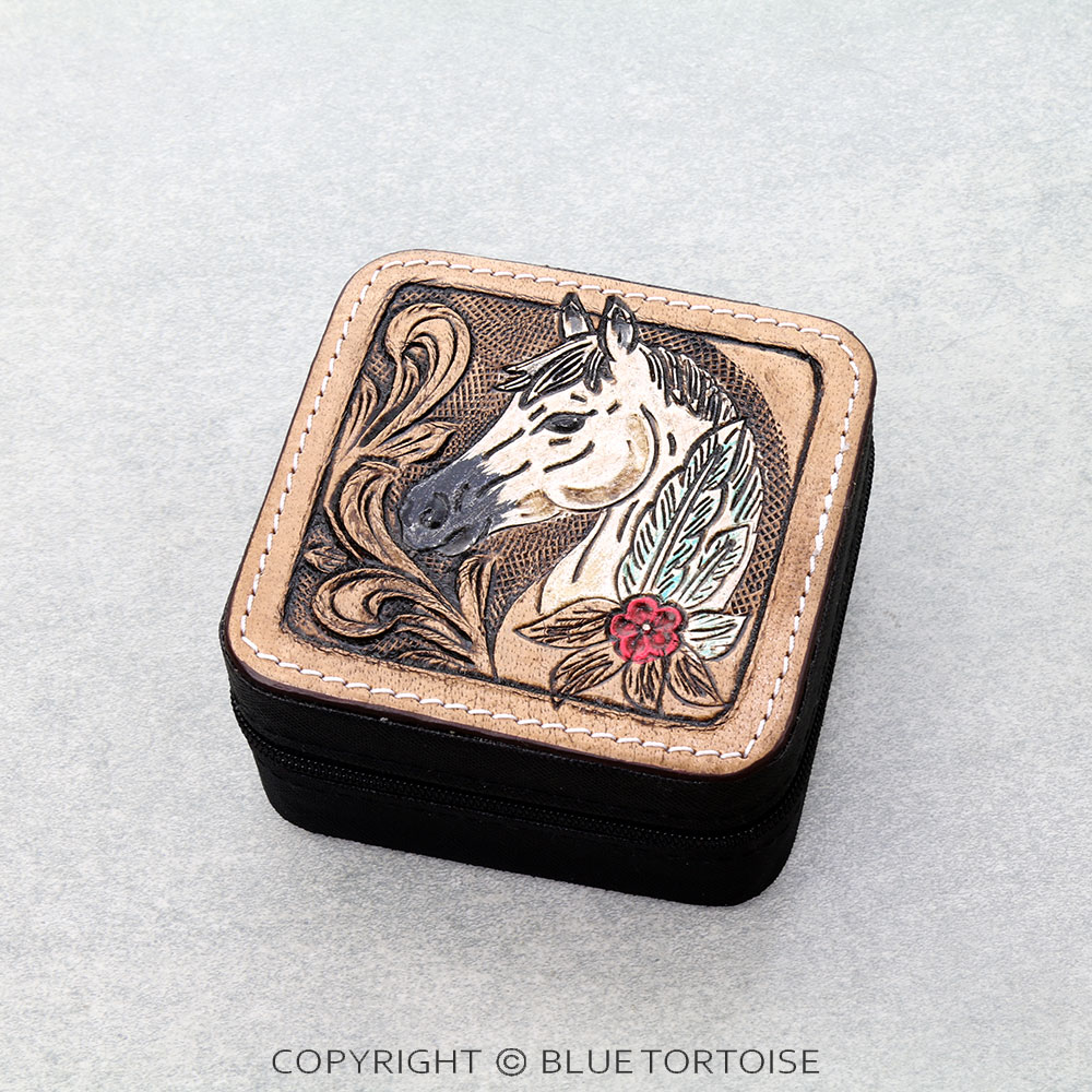 Western Tooled Leather Jewelry Box - Horse