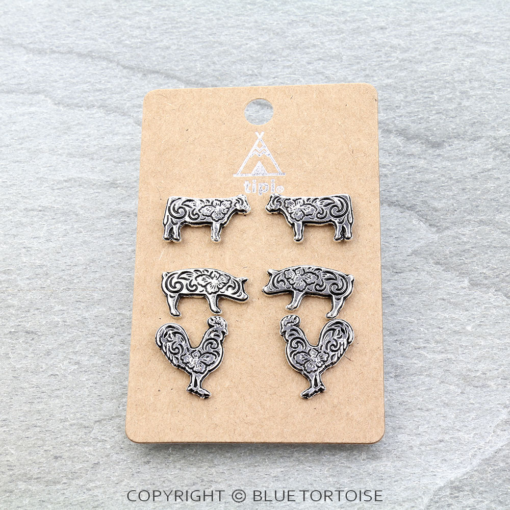 3 Pair Western Etched Farm Animal Earring Set