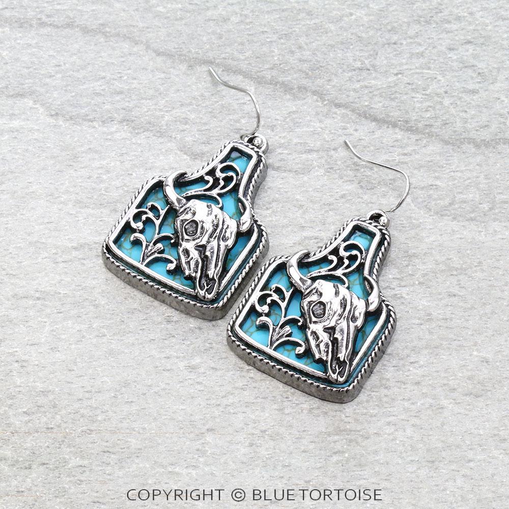 Western Steer Skull Stone Dangle Earrings