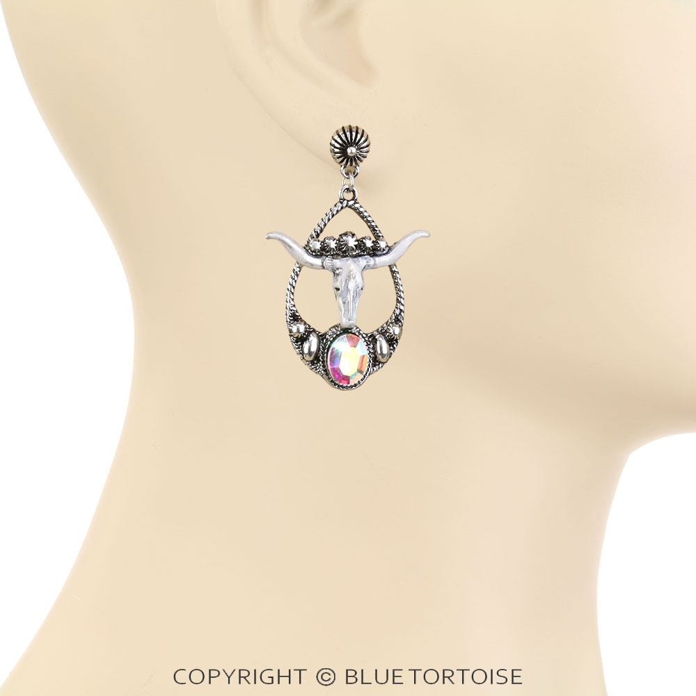 Western Steer Skull Teardrop Stud Earrings - Image 2