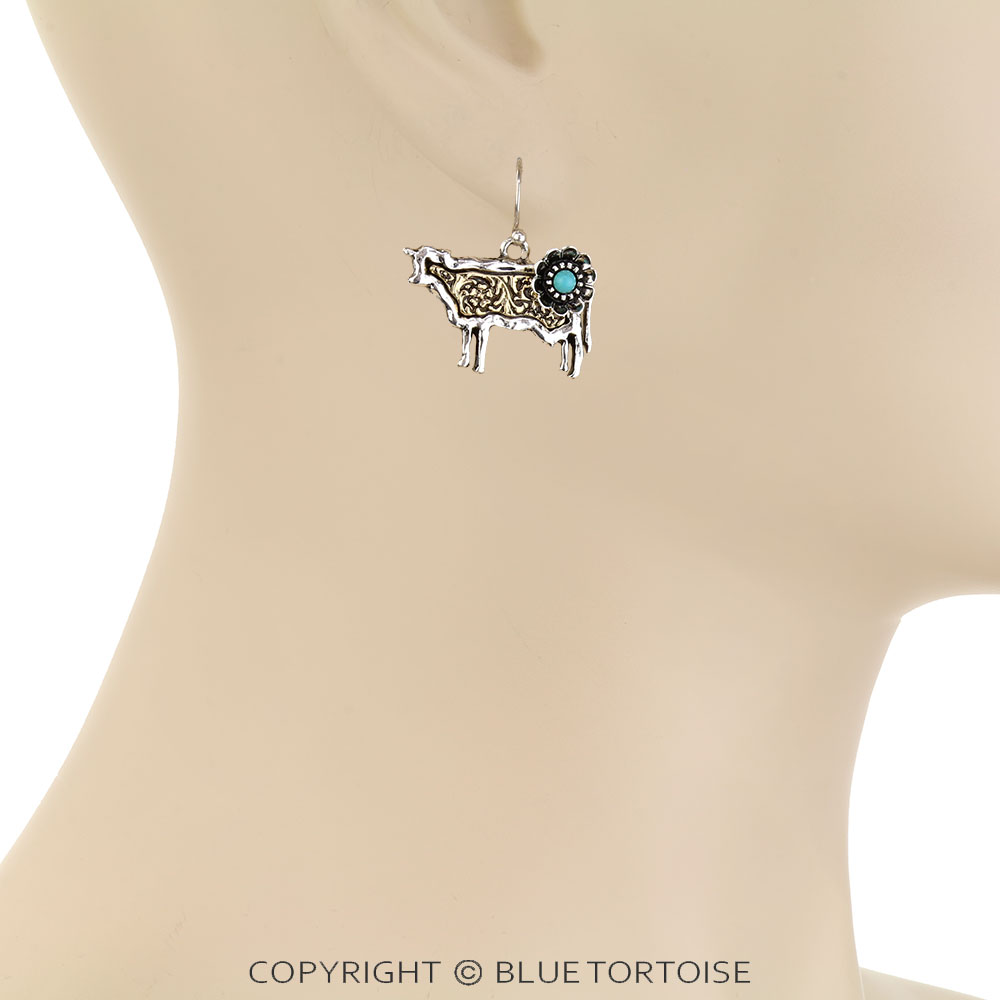 Western Dainty Cow Flower Dangle Earrings - Image 2