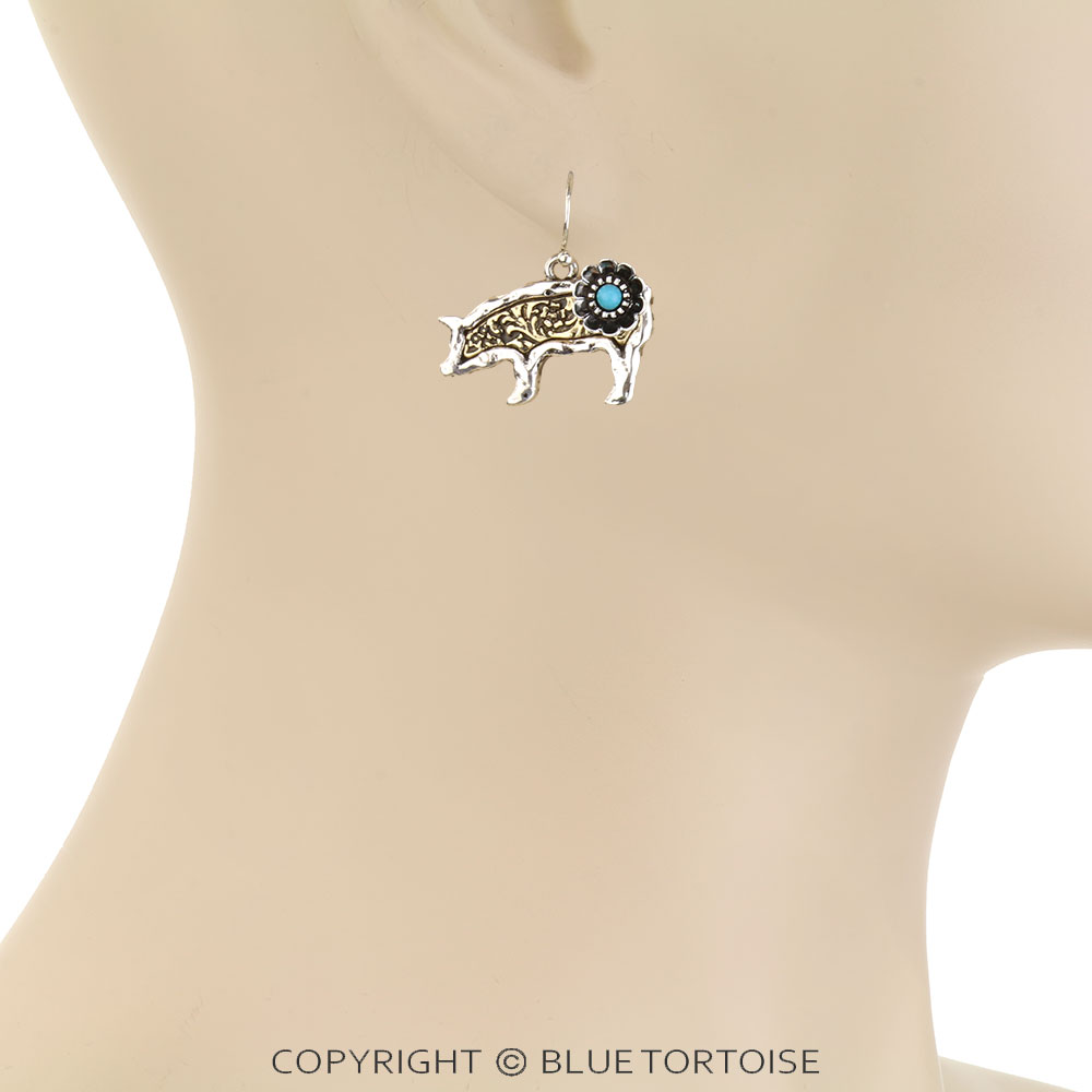 Western Dainty Pig Flower Dangle Earrings - Image 2
