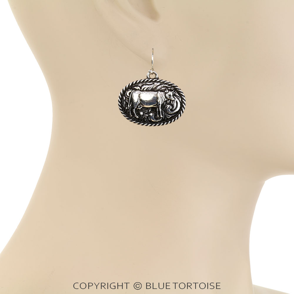 Western Small Oval Cow Dangle Earrings - Image 2