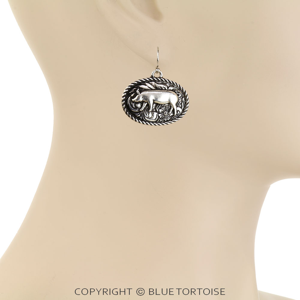 Western Small Oval Pig Dangle Earrings - Image 2
