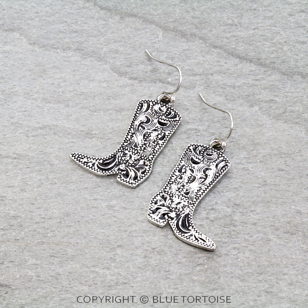 Western Etched Boot Dangle Earrings