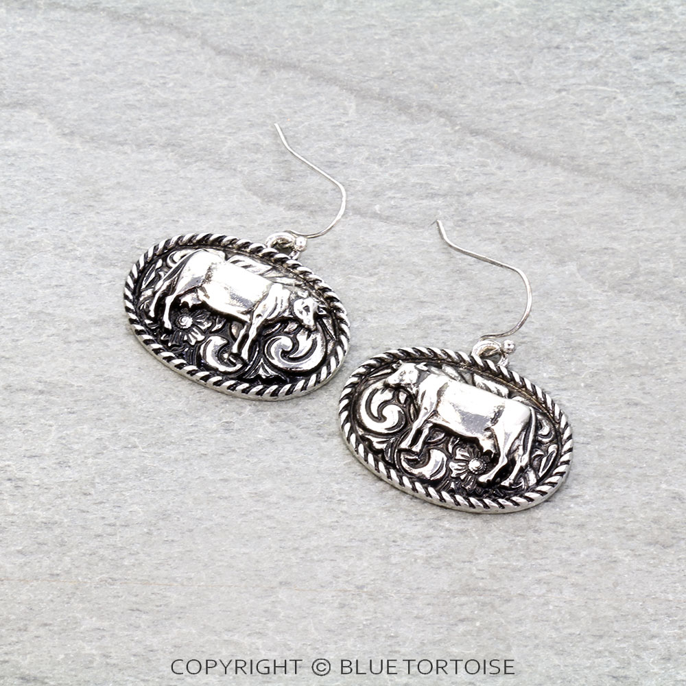 Western Small Oval Cow Dangle Earrings