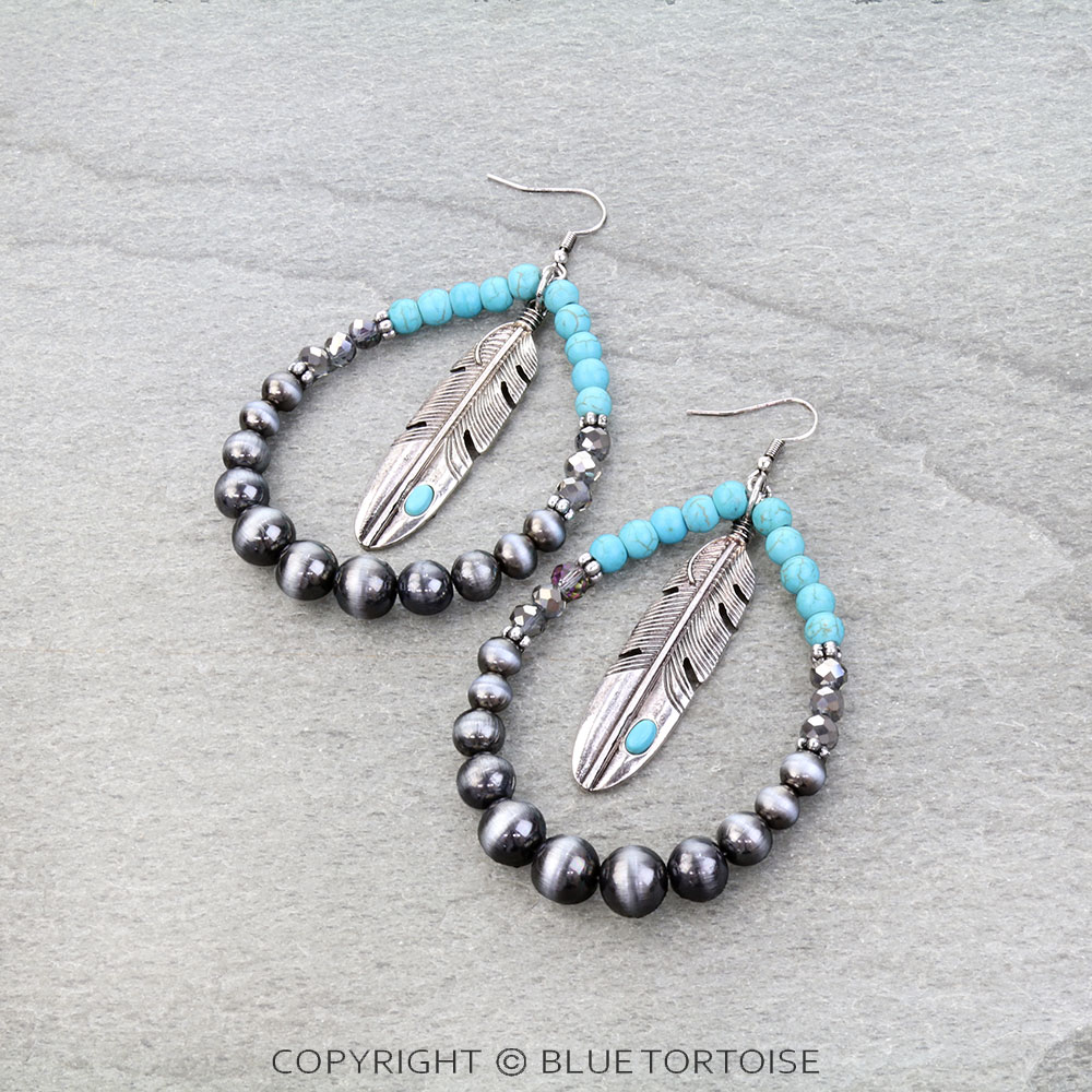 Navajo Style Pearl & Feather Dangle Earrings