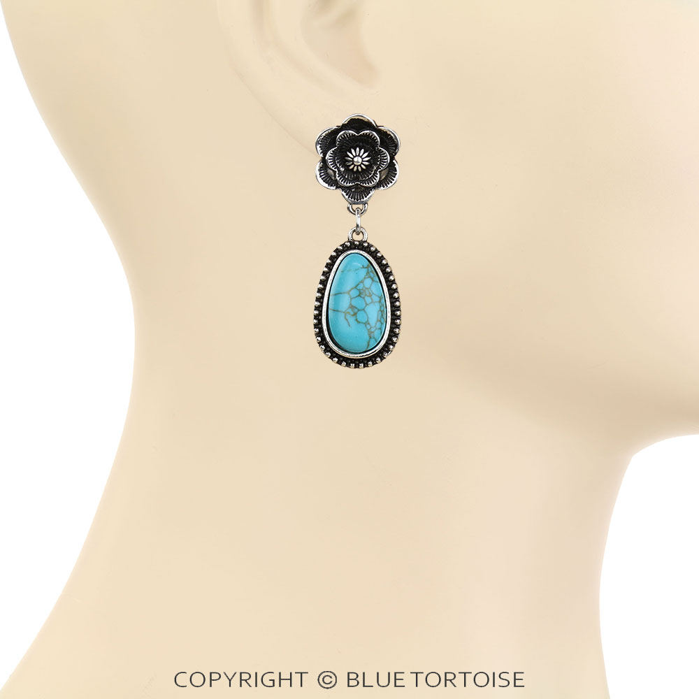Western Flower Teardrop Stone Stud Earrings - Image 2