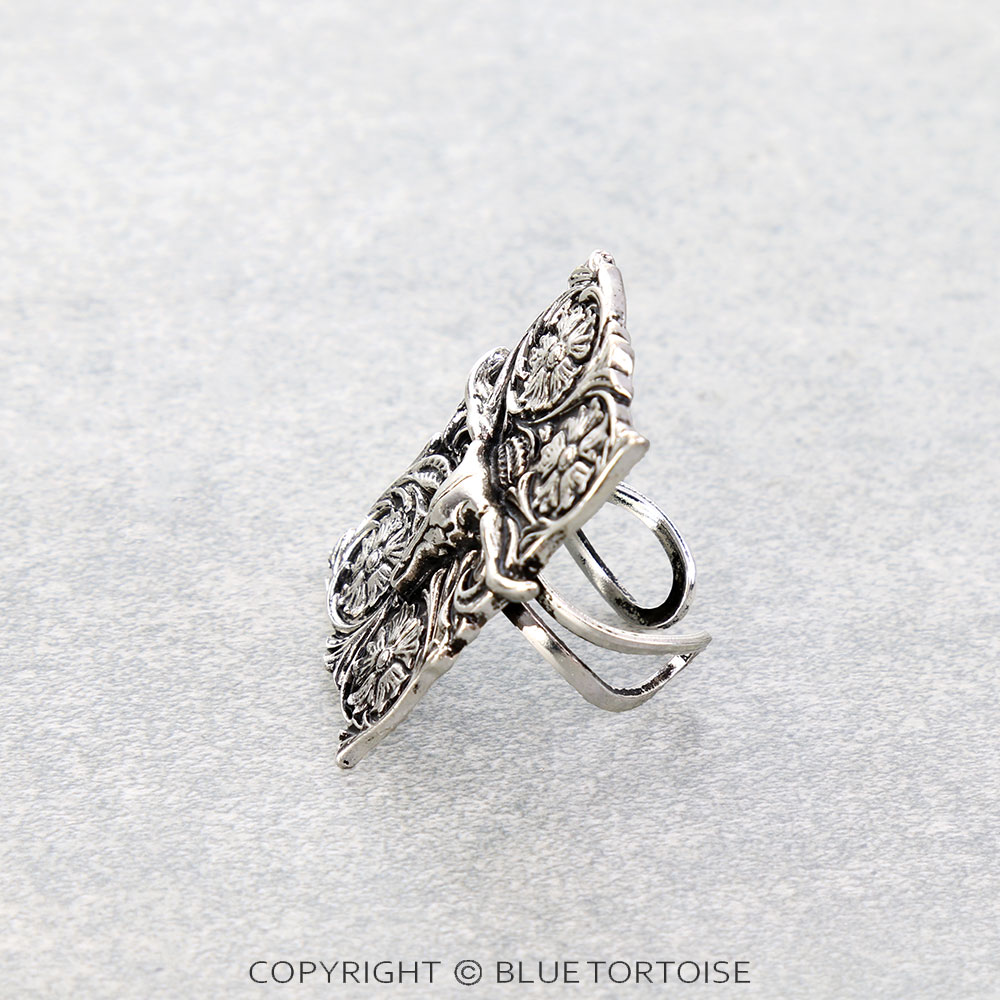 Western Flower Engraved Steer Skull Plate Cuff Ring - Image 2