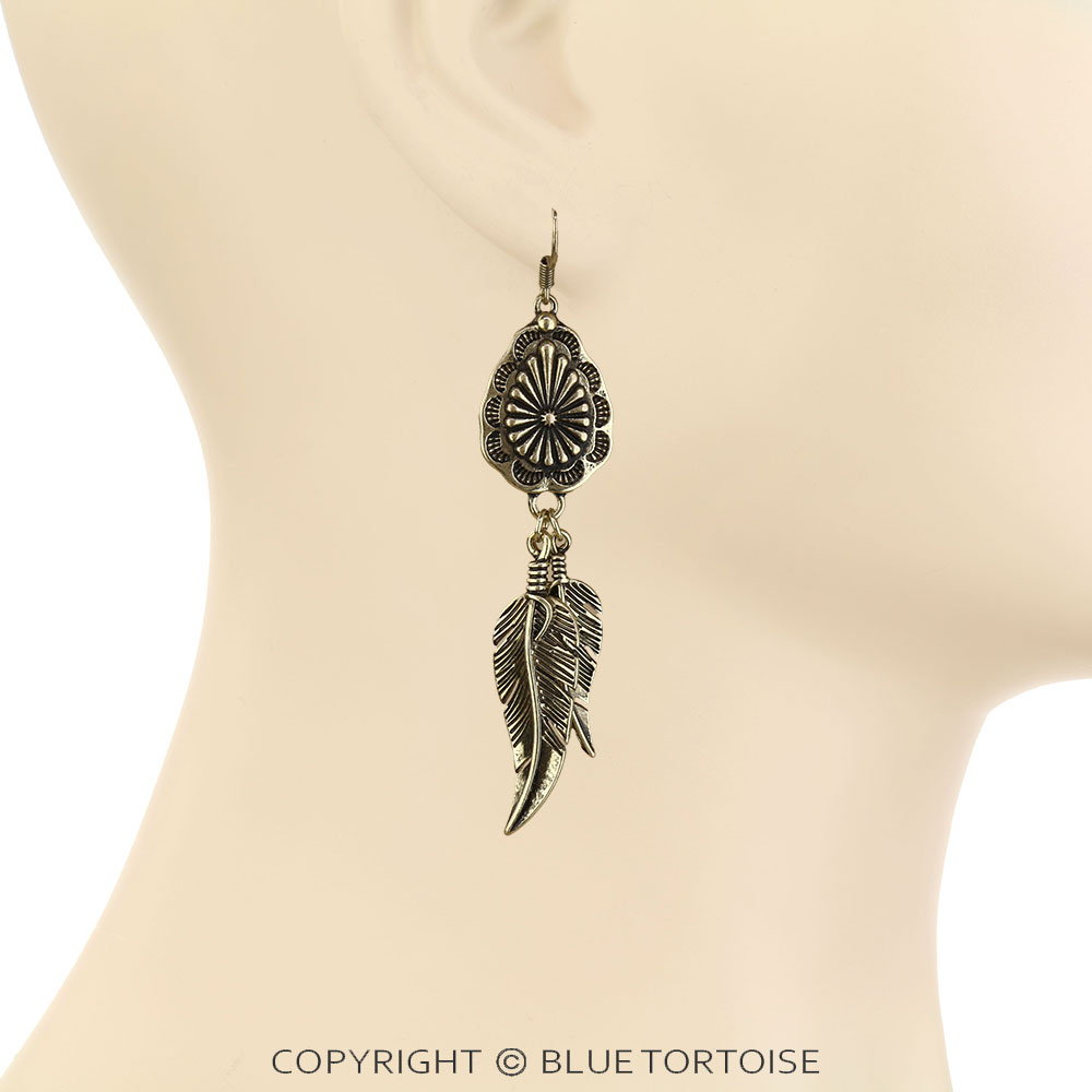 Western Teardrop Concho & Feather Dangle Earrings - Image 2