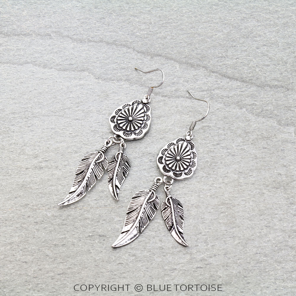 Western Teardrop Concho & Feather Dangle Earrings
