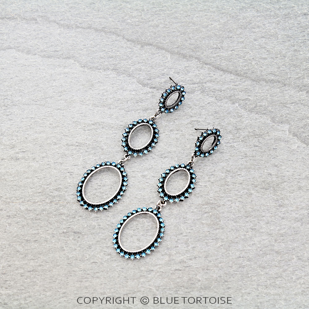 Glass Stone Oval 3 Drop Stud Earrings