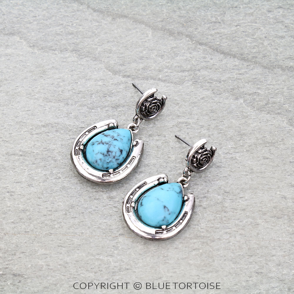 Horseshoe & Roses Stone Stud Earrings
