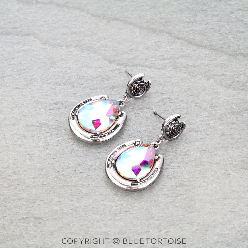 Horseshoe & Roses Stone Stud Earrings