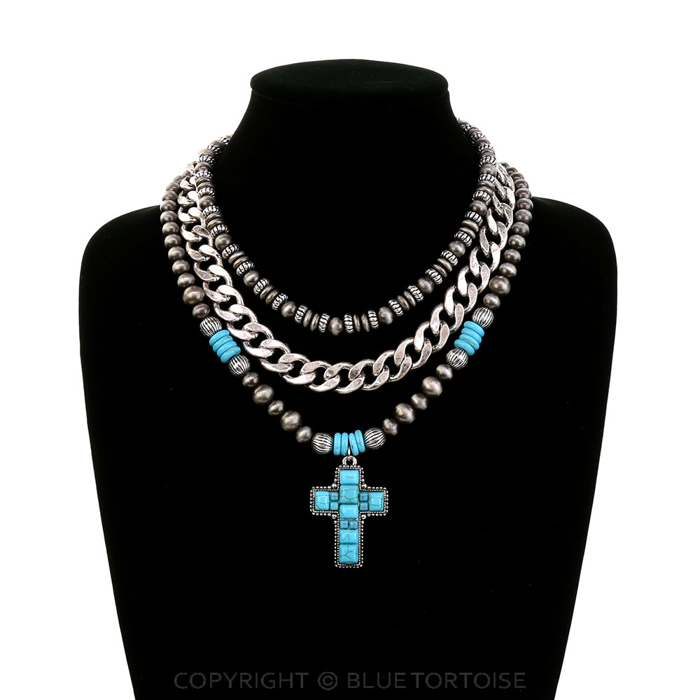 3 Layered Western Cross Stone Pendant Necklace - Image 2