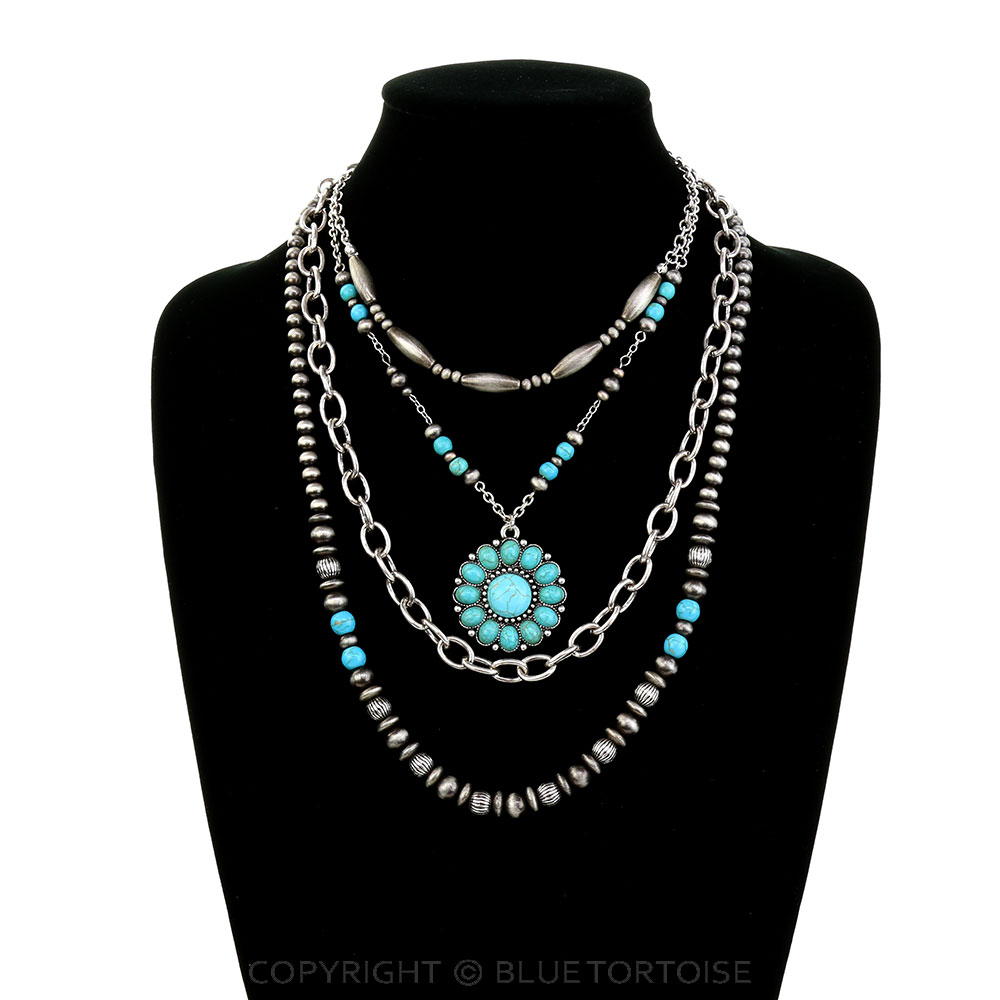 4 Layered Western Concho Stone Pendant Necklace - Image 2